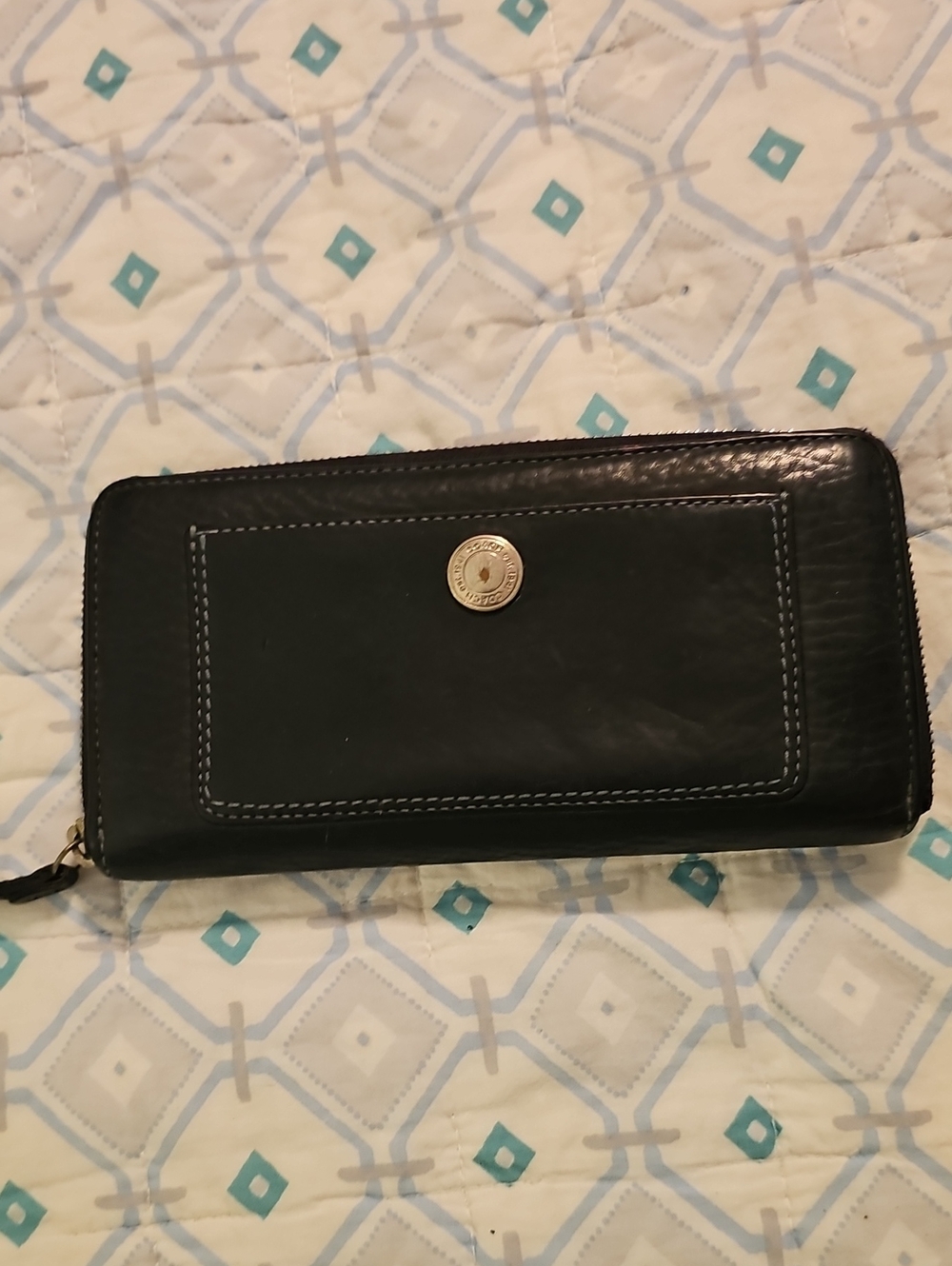 Coach Black Leather Zip Wallet with Gold Accent